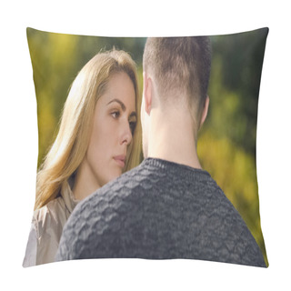 Personality  Upset Woman Looking At Man, Apologizing After Quarrel, Misunderstanding Problem Pillow Covers