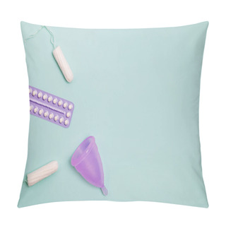 Personality  Menstrual Cup, Tampons And Oral Contraceptive Tablets On Pastel Background, Top View. Pillow Covers