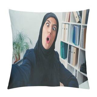 Personality  Young Muslim Businesswoman Grimacing While Taking Selfie  Pillow Covers