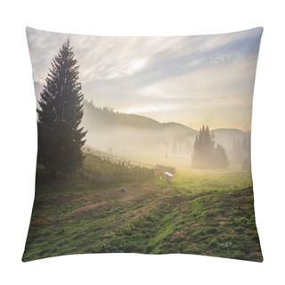 Personality  Fir Trees On  Hillside Meadow In Fog Before Sunrise Pillow Covers