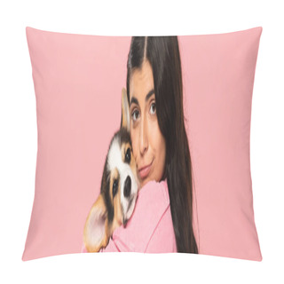 Personality  Young Woman Holding Cute Corgi Puppy, Isolated On Pink Pillow Covers