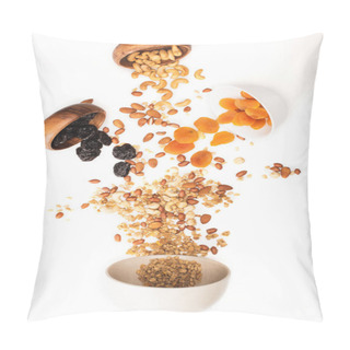 Personality  Top View Of Delicious Granola With Nuts And Dried Fruits Scattered From Bowls Isolated On White Pillow Covers