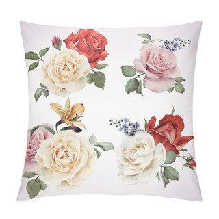 Personality  Set Of Vector Bouquets Of Roses, Watercolor, Can Be Used As Gree Pillow Covers