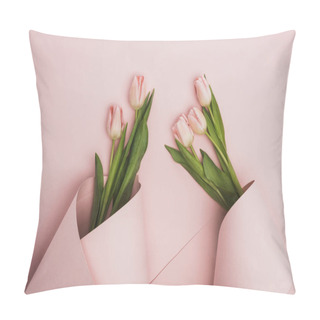 Personality  Top View Of Tulips Wrapped In Paper Swirls On Pink Background Pillow Covers