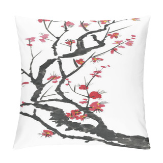 Personality  A Branch Of A Blossoming Sakura. Pink And Red Stylized Flowers Of Plum Mei, Wild Apricots And Cherry . Watercolor And Ink Illustration Of Tree In Style Sumi-e, U-sin. Oriental Traditional Painting.  Pillow Covers