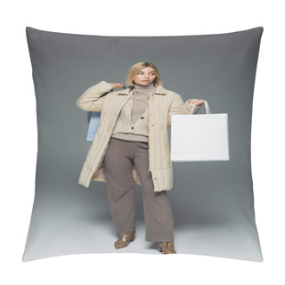 Personality  Trendy Woman In Winter Jacket And Turtleneck Holding Shopping Bags On Grey Background  Pillow Covers