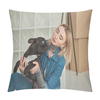 Personality  Beautiful Tattooed Girl Playing With French Bulldog In New Home Pillow Covers
