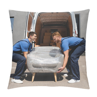 Personality  Side View Of Movers Holding Armchair In Stretch Wrap Near Track On Urban Street  Pillow Covers