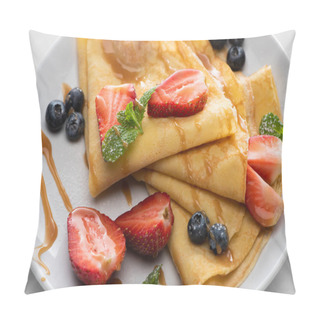 Personality  Close Up View Of Tasty Crepes With Blueberries, Strawberries And Mint On Plate Pillow Covers
