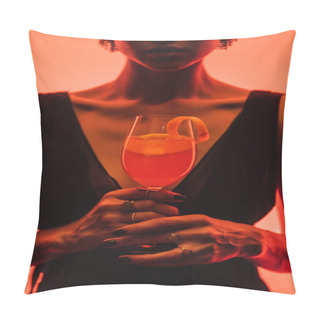 Personality  Cropped View Of Elegant Woman Holding Glass With Mixed Cocktail And Orange On Pink  Pillow Covers
