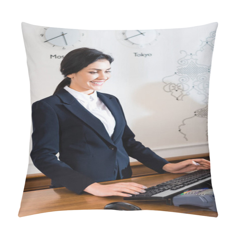 Personality  Cheerful Receptionist Standing Near Computer Keyboard In Hotel  Pillow Covers