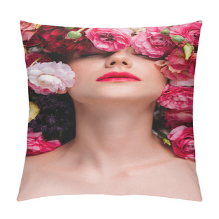 Personality  Portrait Of Gorgeous Young Woman With Closed Eyes And Beautiful Flowers On Head  Pillow Covers