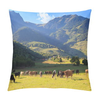 Personality  Mountain Grassland With Grazing Cows Pillow Covers