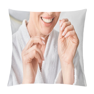 Personality  Cropped View Of Jolly Adult Woman In Bathrobe Cleaning Her Teeth With Dental Floss In Bathroom Pillow Covers