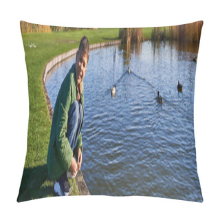 Personality  Happy African American Boy In Outerwear Sitting Near Pond With Ducks, Nature And Kid, Banner Pillow Covers