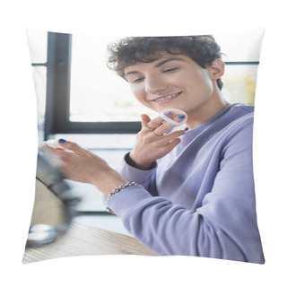 Personality  Smiling Transgender Person Applying Face Powder Near Blurred Mirror  Pillow Covers