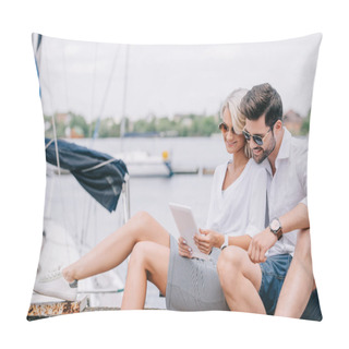 Personality  Smiling Young Couple In Sunglasses Sitting And Using Digital Tablet Near Yacht Pillow Covers