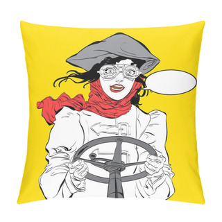 Personality Young Smiling Driver.. Girl Pilot. Woman Pilot. Air Sport. Smiling Pilot. Concept Idea Of Advertisement And Promo. Pillow Covers