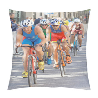 Personality  STOCKHOLM - AUG 26, 2017: Closeup Of Fighting Cycling Triathletes Blummenfelt, Mola And Competitors  In The Men's ITU World Triathlon Series Event August 26, 2017 In Stockholm, Sweden Pillow Covers