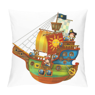 Personality  Cartoon Pirate Ship With Happy Pirates With Still Hot Cannons On White Background - Illustration For The Children Pillow Covers