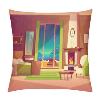 Personality  Vector Night Panorama Of Villa Interior, Window With Seaside. Light From Fireplace. Bedroom Of Tropical Hotel, Resort, Tourism Concept. Luxury House With Wooden Shelf Pillow Covers