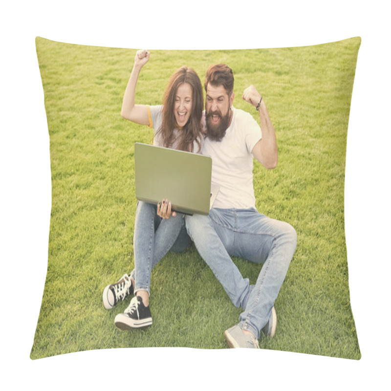 Personality  man and woman surfing internet on notebook. students life. online shopping. communication online. happy couple use laptop on green grass. I love my job. working on computer in park pillow covers