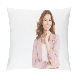 Personality  Image Of Amazing Young Pretty Woman Standing Isolated Over White Wall Background Looking Camera. Pillow Covers