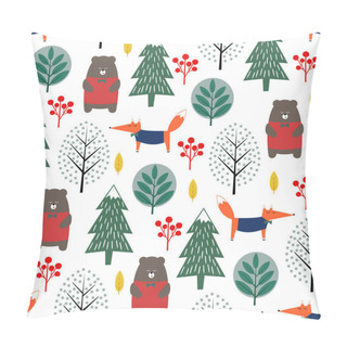 Personality  Fox, Bear, Trees And Berries Seamless Pattern On White Background. Pillow Covers