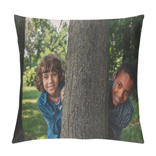 Personality  Cute Curly Boy Looking At Camera Near Tree Trunk And African American Friend  Pillow Covers