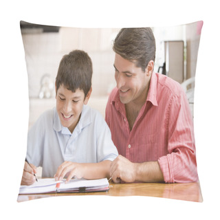 Personality  Man Helping Young Boy In Kitchen Doing Homework And Smiling Pillow Covers