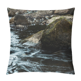 Personality  Selective Focus Of Rocks With Green Mold Near Flowing Stream  Pillow Covers