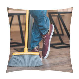 Personality  Worker With Broom In Cafe Pillow Covers