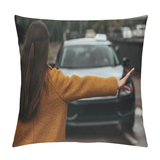 Personality  Back View Of Woman Catching Taxi On Street Pillow Covers