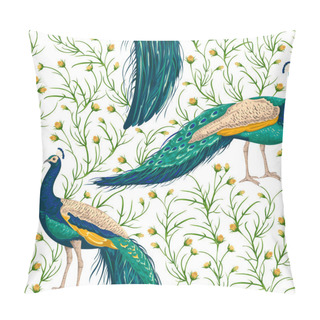Personality  Seamless Pattern With Peacock, Flowers And Leaves. Vintage Hand Drawn Vector Illustration In Watercolor Style Pillow Covers