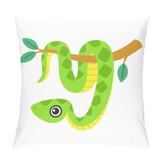 Personality  Cute Snake, A Smiling Boa Character Hanging On A Tree Branch. Vector Illustration On White Background Pillow Covers