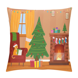 Personality  Christmas Room Interior. Christmas Tree, Gift, Fireplace And Decoration Pillow Covers