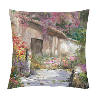 Personality  Abstract Colorful Flowers Watercolor Painting. Spring  With Buildings And Walls Pillow Covers
