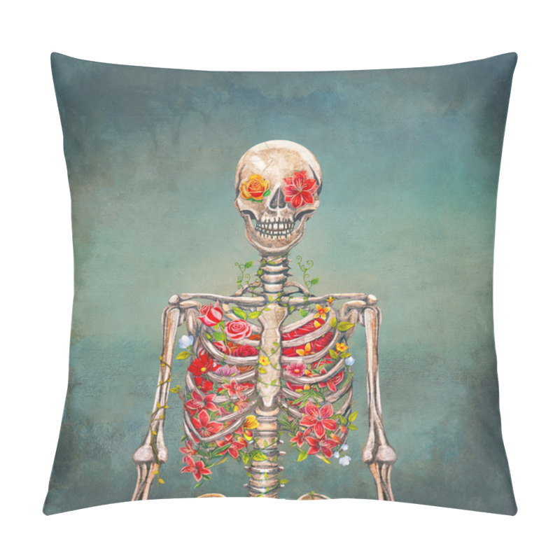 Personality  Blooming skeleton on the grunge background  pillow covers