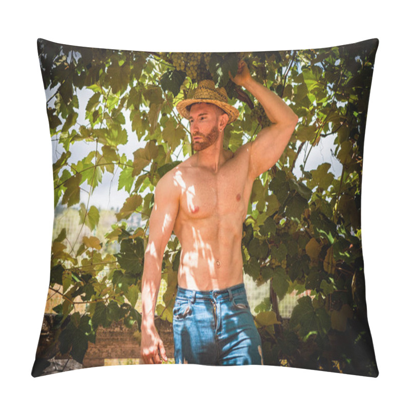 Personality  A shirtless man wearing a straw hat stands under a tree, with the bright sunlight filtering through the leaves. He looks relaxed and comfortable in the natural setting. pillow covers
