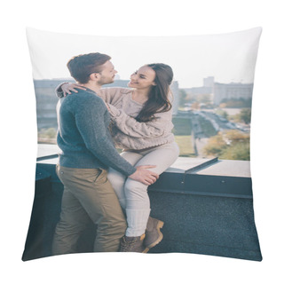 Personality  Smiling Young Couple Embracing And Looking At Each Other On Rooftop Pillow Covers