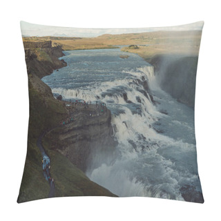 Personality  Group Of Tourists Looking At Majestic Waterfall In Iceland  Pillow Covers