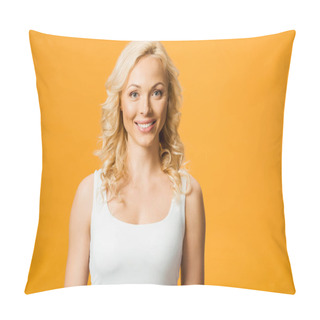 Personality  Cheerful Curly Blonde Woman Looking At Camera Isolated On Orange  Pillow Covers
