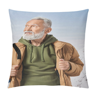 Personality  Portrait Of Santa With White Beard Looking Away With Mountains And Trees On Backdrop, Winter Concept Pillow Covers