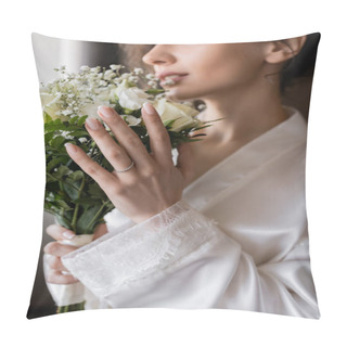 Personality  Blurred Bride With Engagement Ring On Finger Standing In White Silk Robe And Holding Bridal Bouquet In Modern Hotel Suite On Wedding Day, Special Occasion  Pillow Covers