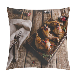 Personality  Close-up Shot Of Delicious Grilled Chicken Legs On Wooden Board With Cutlery Pillow Covers