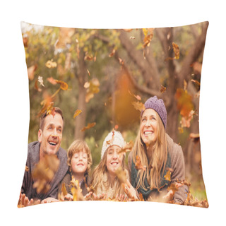 Personality  Smiling Young Family Throwing Leaves Around Pillow Covers