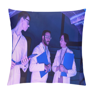 Personality  Futuristic Collaboration: Scientists Of Varied Ages Converge In Neon-Lit Science Center Pillow Covers