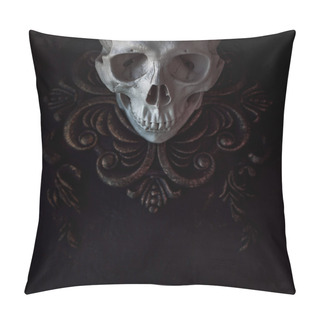 Personality  Human Skull On The Background Of Patterns. Black Background, Halloween Concept Pillow Covers