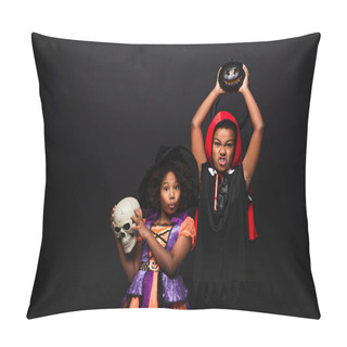 Personality  Spooky African American Children In Halloween Costumes Holding Skull And Carved Pumpkin Isolated On Black  Pillow Covers