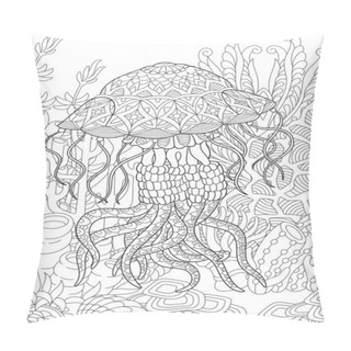 Personality  Adult Coloring Book Page. Jellyfish And Underwater Background. Pillow Covers